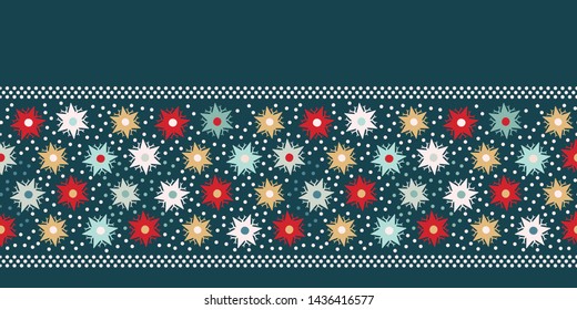 Hand drawn abstract winter snowflakes border pattern. Stylish crystal stars on green background. Elegant simple holiday banner ribbon. Festive gift wrap washi tape yule illustration. Seamless vector  
