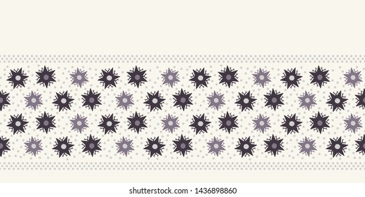 Hand drawn abstract winter snowflakes border pattern. Stylish crystal stars on white background. Elegant simple holiday banner ribbon. Festive gift wrap washi tape yule illustration. Seamless vector  