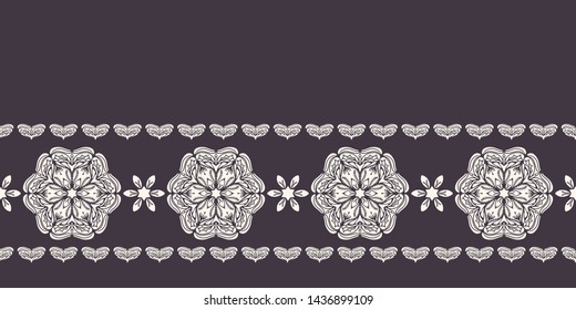 Hand drawn abstract winter snowflakes border pattern. Stylish crystal stars on black background. Elegant simple holiday banner ribbon. Festive gift wrap washi tape yule illustration. Seamless vector  