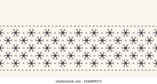 Hand drawn abstract winter snowflakes border pattern. Stylish crystal stars on white background. Elegant simple holiday banner ribbon. Festive gift wrap washi tape yule illustration. Seamless vector  