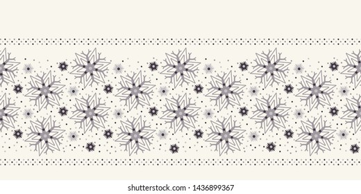 Hand drawn abstract winter snowflakes border pattern. Stylish crystal stars on white background. Elegant simple holiday banner ribbon. Festive gift wrap washi tape yule illustration. Seamless vector  