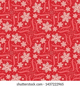 Hand drawn abstract winter snowflakes pattern. Stylish crystal stars on red background. Elegant simple holiday all over print. Festive gift wrapping paper yule illustration. Seamless vector swatch.