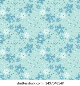 Hand drawn abstract winter snowflakes pattern. Stylish crystal stars. Ice blue background. Elegant simple holiday all over print. Festive gift wrapping paper yule illustration. Seamless vector swatch.