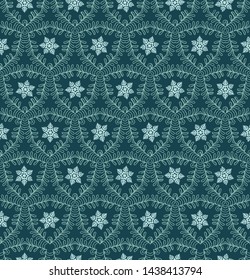 Hand drawn abstract winter snowflakes pattern. Stylish crystal stars on green background. Elegant simple holiday all over print. Festive gift wrapping paper yule illustration. Seamless vector swatch.