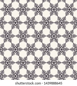 Hand drawn abstract winter snowflakes pattern. Stylish crystal stars. Black white background. Elegant simple holiday all over print. Festive gift wrap paper yule illustration. Seamless vector swatch.

