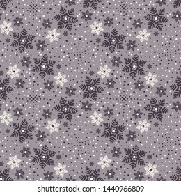 Hand drawn abstract winter snowflakes pattern. Stylish crystal stars. Black white background. Elegant simple holiday all over print. Festive gift wrap paper yule illustration. Seamless vector swatch.