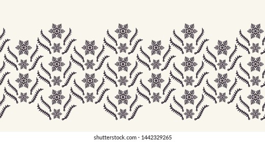 Hand drawn abstract winter snowflakes border pattern. Stylish crystal stars on white background. Elegant simple holiday banner ribbon. Festive gift wrap washi tape yule illustration. 