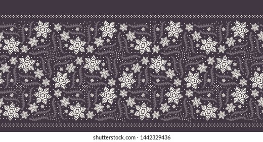 Hand drawn abstract winter snowflakes border pattern. Stylish crystal stars on white background. Elegant simple holiday banner ribbon. Festive gift wrap washi tape yule illustration. 