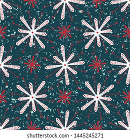 Hand drawn abstract winter snowflakes pattern. Stylish crystal stars on green background. Elegant simple holiday all over print. Festive gift wrapping paper yule illustration. Seamless vector swatch.
