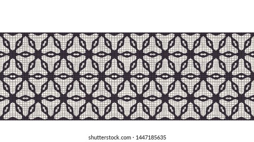 Hand drawn abstract winter snowflakes border pattern. Stylish crystal stars textured background. Elegant geo grid holiday banner ribbon. Festive gift wrap washi tape yule illustration. Seamless vector