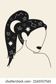 Hand drawn abstract woman face in line art, boho style. Concept of spirituality, magic, witchcraft and mythic