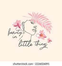Hand drawn abstract woman face in line art, boho, linear vector drawing with flowers and leaves. Continuous line art vector minimalist style portrait for beauty, poster illustration, tshirt graphic

