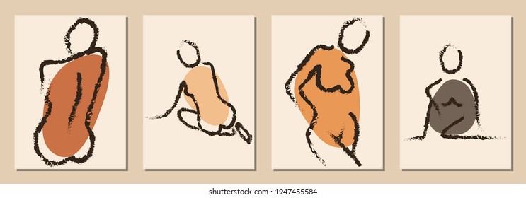 Hand drawn abstract woman faces in line art style, set of trendy posters, modern minimalism art, aesthetic contour