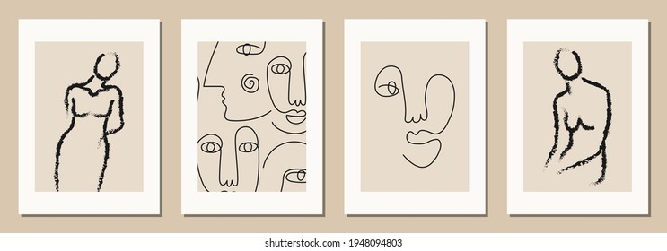Hand drawn abstract woman faces in line art style, set of trendy posters, modern minimalism art, aesthetic contour