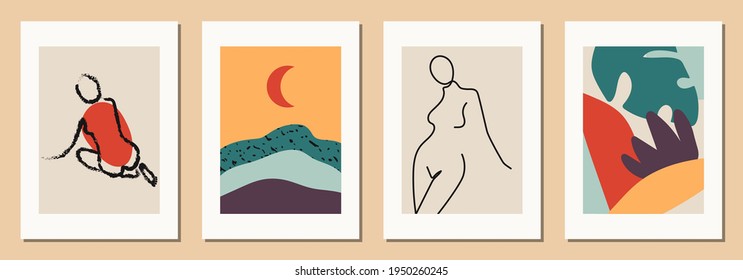 Hand drawn abstract woman faces in line art style, set of trendy posters, modern minimalism art, aesthetic contour