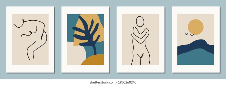 Hand drawn abstract woman faces in line art style, set of trendy posters, modern minimalism art, aesthetic contour