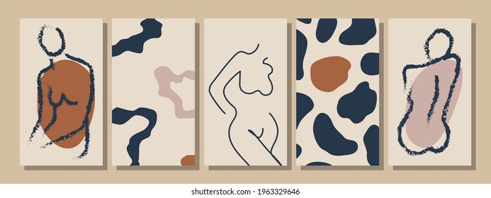 Hand drawn abstract woman faces in line art style, set of trendy posters, modern minimalism art, aesthetic contour, vector illustration