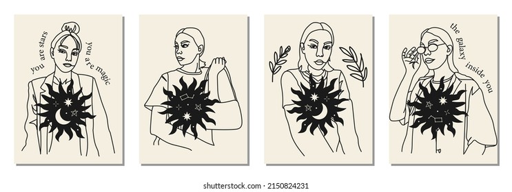 Hand drawn abstract woman faces in line art, boho style. Concept of spirituality, magic, garmony with yourself. The Galaxy inside you