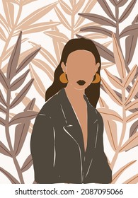 Hand drawn abstract woman portrait in botanical background. Fashion illustration for print, poster, wall art.