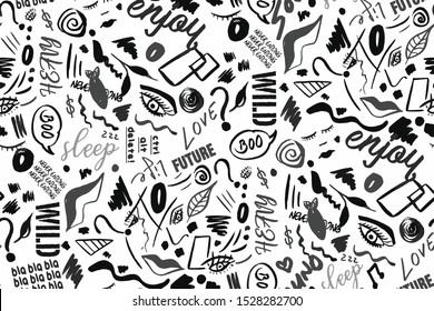 Hand Drawn Abstract Words Slogan Geometric Shapes Street Wall Theme Repeating Vector Pattern