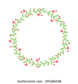 Hand drawn abstract wreath (frame in the shape of a circle) with leaves, flowers and berries. Beds shades. Doodles of flowers, leaves and berries.