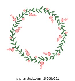 Hand drawn abstract wreath (frame in the shape of a circle) with leaves, flowers and berries. Beds shades. Doodles of flowers, leaves and berries.