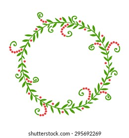 Hand drawn abstract wreath (frame in the shape of a circle) with leaves, flowers and berries. Beds shades. Doodles of flowers, leaves and berries.