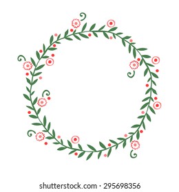 Hand drawn abstract wreath (frame in the shape of a circle) with leaves, flowers and berries. Beds shades. Doodles of flowers, leaves and berries.