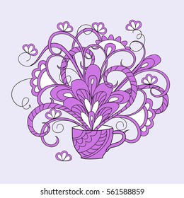 Hand drawn abstract zen composition in boho style with cup and bouquet of flowers for invitation cards at coffee, tea party, decorate dishes, porcelain, home, laptop skins, cases, stationery. eps 10.