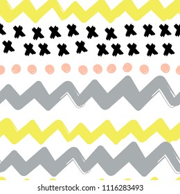 Hand drawn abstract zigzags, crosses and dots. Colored vector seamless pattern