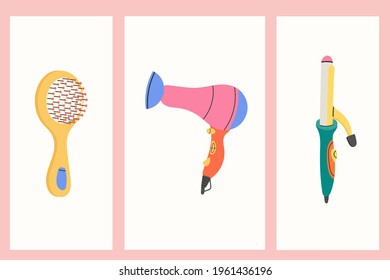 Hand Drawn Accessories and Appliances for Hair Care, Hair Style and Beauty. Doodle Hairbrush, Hairdryer, Curling Iron.Barber's Tools in Flat style. Vector Illustration. 