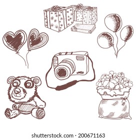 hand drawn accessories for girls, camera, doll, flower, gifts