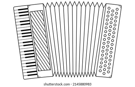 Hand Drawn Accordion. Musical Instrument From The Harmonics Family. Doodle Style. Vector.