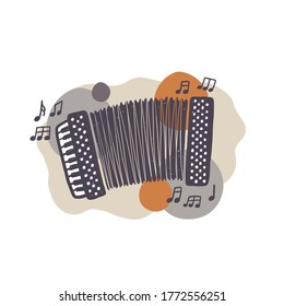 Hand drawn accordion silhouette with stylized background. Traditional music concert vector banner template. Cultural entertainment. Musical instrument with notes. Shop, store poster design idea