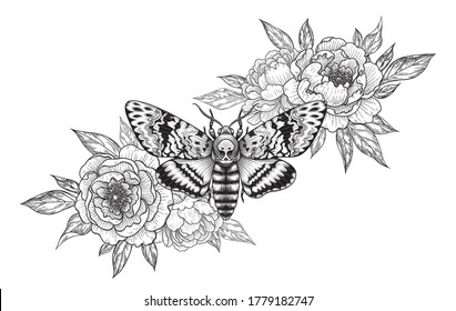 Hand drawn Acherontia Styx butterfly and Peony flowers on white. Monochrome elegant floral composition with Death's-Head Hawk Moth. Vector illustration in vintage style, tattoo art, t-shirt design.