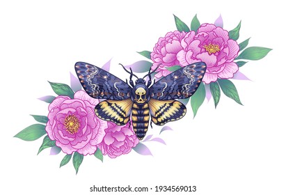 Hand drawn Acherontia Styx butterfly and pink Peony flowers on white. Colored elegant floral composition with Death's-Head Hawk Moth. Vector illustration in vintage style, tattoo art, t-shirt design.