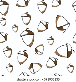 Hand drawn acorn background. Hand drawn graphic vintage oak leaf seamless pattern. Background ornament with isolated floral autumn forest decorative symbols and elements.