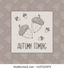 Hand Drawn acorn and leaf Doodle card. Illustrations Drawing Vector Sketch for textile, print, postcard, text, invitation, poster, background, book, t-shirt, wallpaper