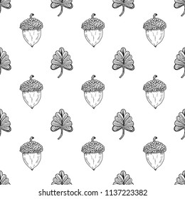 Hand Drawn acorn and leaf Doodle pattern. Illustrations Drawing Vector Sketch for textile, print, postcard, text, invitation, poster, background, book, t-shirt, wallpaper