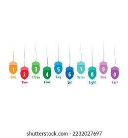 hand drawn acorn and numbers 0-9. colorful 0-9 numbers for education. colorful acorns