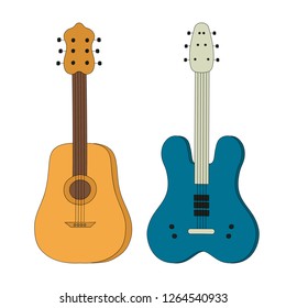 Hand drawn acoustic and electric  metal, rock guitar for music store or school. Cartoon musical festival instrument. Vector isolated element.