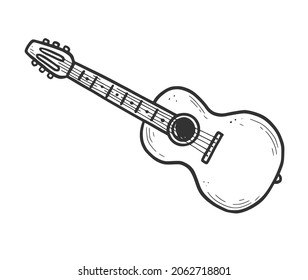Hand drawn acoustic guitar element. Doodle sketch style. Drawing line simple acoustic music guitar icon. Isolated vector illustration.