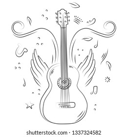 Hand drawn acoustic guitar with wings and music notes. Sketch style vector illustration isolated ob white background. Line art. 