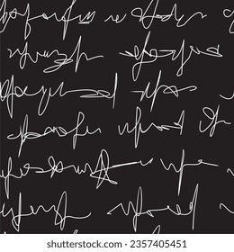 Hand drawn adbstract lines like a words. Black background. White lines. Seamless pattern