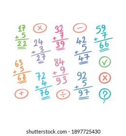 hand drawn addition exercises. mathematical numbers. addition, subtraction, multiplication and division symbols