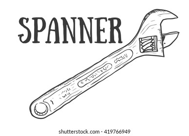 Hand drawn adjustable spanner vector sketch. Doodle drawing. Vector sketch house remodel tool. Home repair service. Flat style tool for building