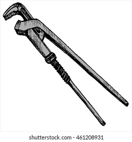 hand drawn adjustable wrench isolated at white background, vintage ink drawing vector illustration