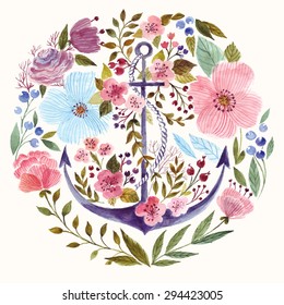 Hand drawn adorable anchor with flowers in watercolor technique. 