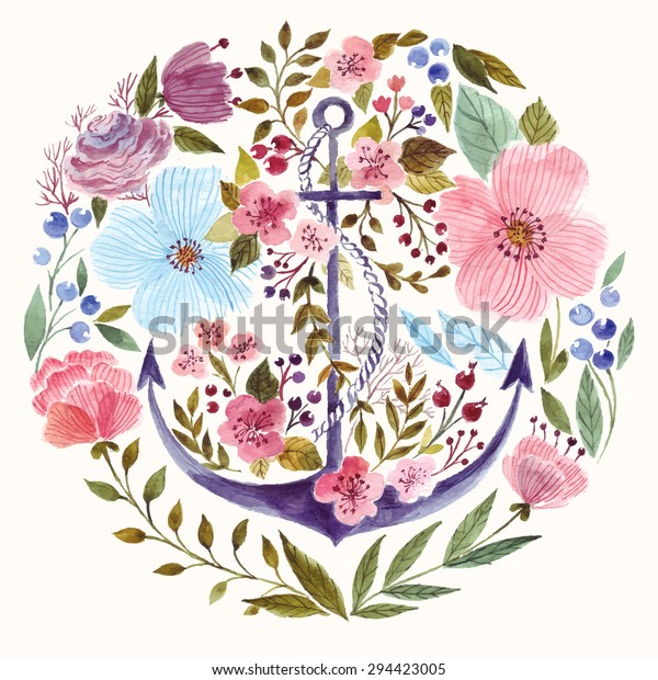 Hand Drawn Adorable Anchor Flowers Watercolor Stock Vector (Royalty