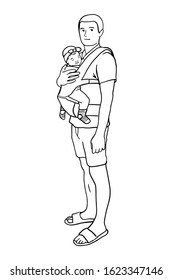 Hand drawn adorable baby and father line silhouette. Cute simple vector illustration. Happy daddy carry her infant in sling. Perfect for cards, posters, design, booklet, website, article
